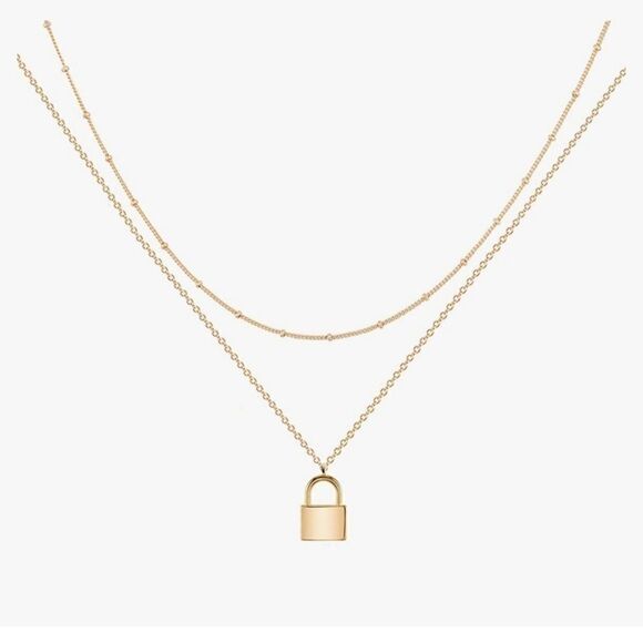 Gold padlock necklace layering Chains set - Picture 2 of 7